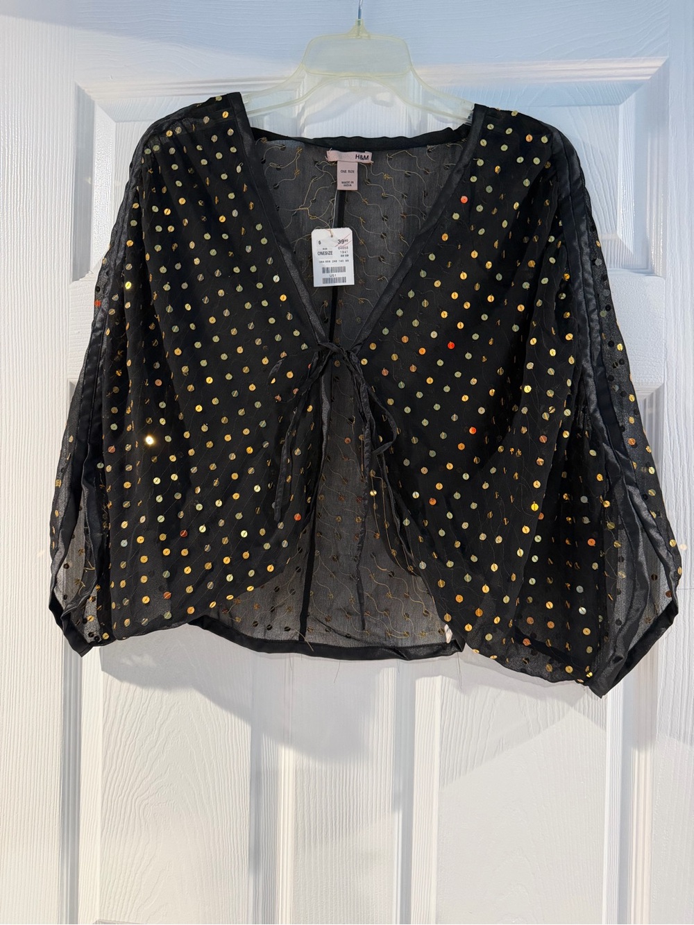 H&M Black Sheer Tie-Front Blouse with Gold Dot Detail